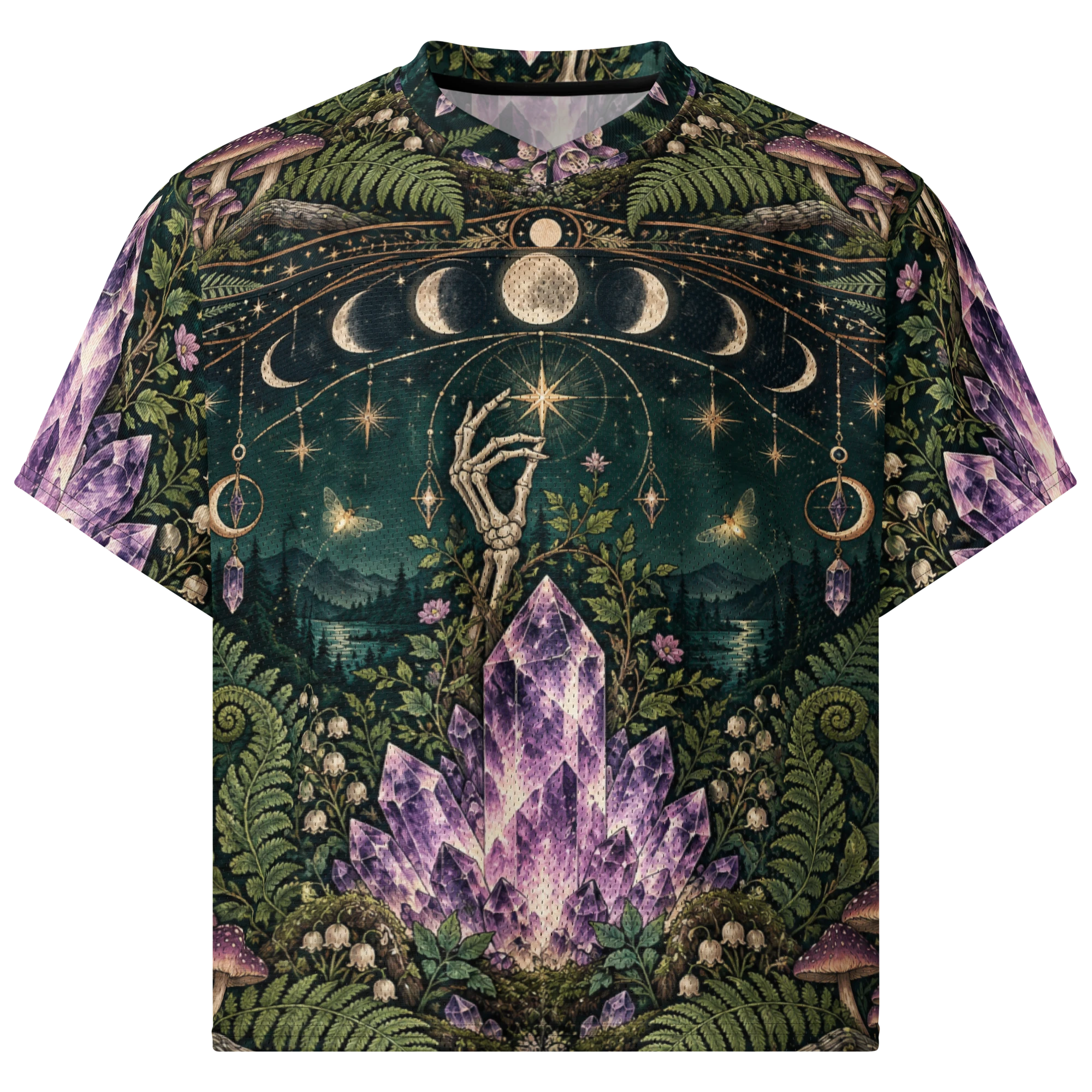 Front of a forest jersey with amethyst crystals, moon phases, mushrooms, and a skeletal hand