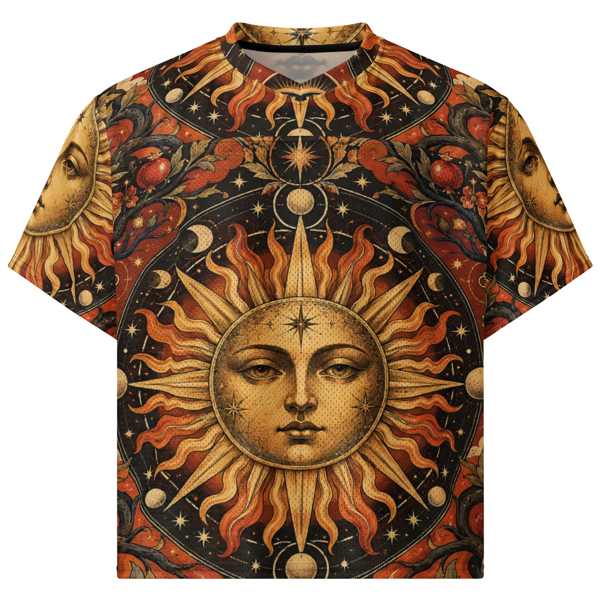 Front of a black and amber jersey featuring a radiant antique gold sun face